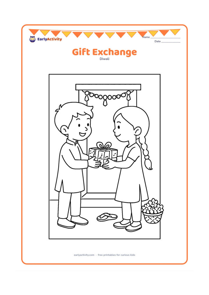 Colouring page: Two children exchange a wrapped Diwali gift outside a home entrance decorated with a simple toran. Add a small basket of flowers and a pair of sandals near the doorway.