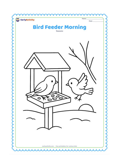 Colouring page: A small bird perches on a wooden feeder filled with seeds while another bird approaches. Place the feeder beside a bare branch with snowy ground and a low winter sun.