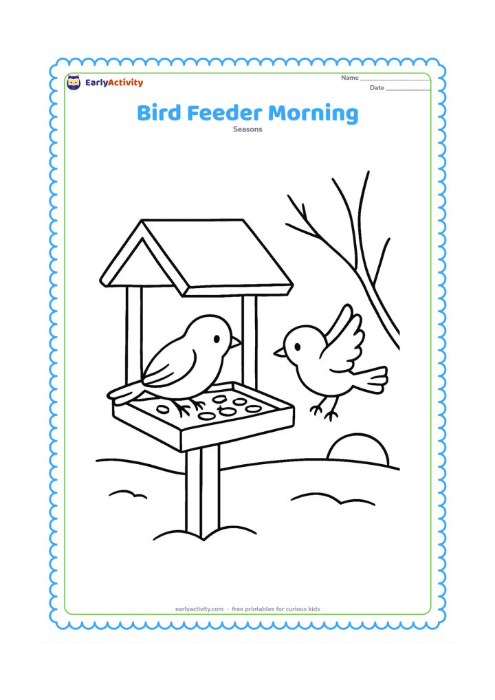 Colouring page: A small bird perches on a wooden feeder filled with seeds while another bird approaches. Place the feeder beside a bare branch with snowy ground and a low winter sun.
