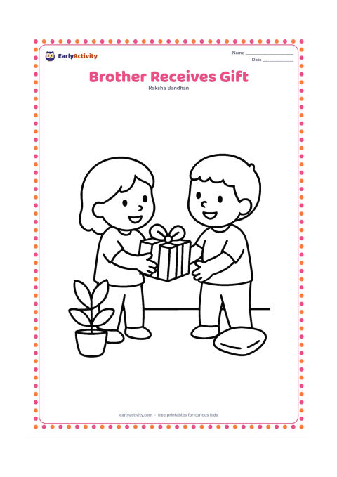 Colouring page: A child presents a simple wrapped gift to a smiling brother who holds out his hands. Place them on a plain floor beside one potted plant and a small cushion.