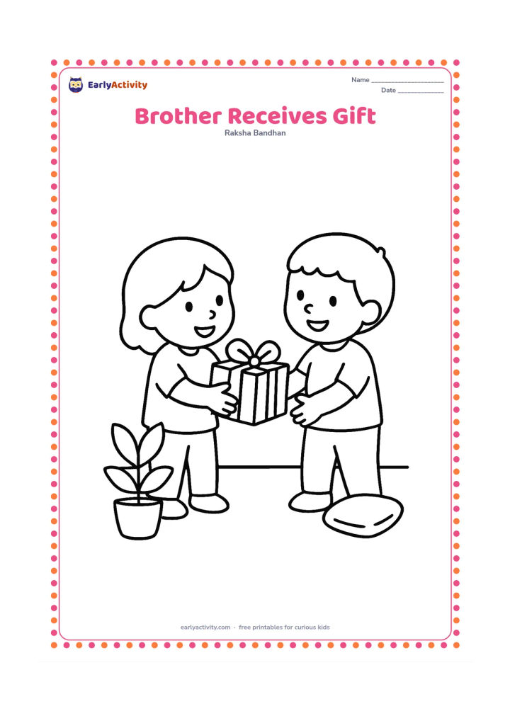 Colouring page: A child presents a simple wrapped gift to a smiling brother who holds out his hands. Place them on a plain floor beside one potted plant and a small cushion.
