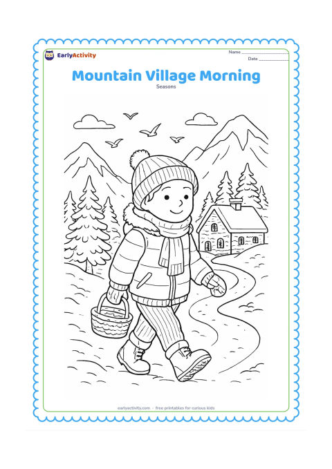Colouring page: A child in layered winter clothing walks through a mountain village carrying a small basket, with snow-capped peaks, stone houses, pine trees and a winding path behind. A few birds cross…