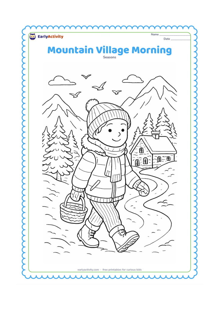 Colouring page: A child in layered winter clothing walks through a mountain village carrying a small basket, with snow-capped peaks, stone houses, pine trees and a winding path behind. A few birds cross…