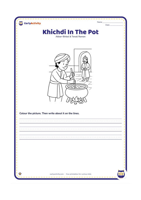 Worksheet: Show a close view of the raised pot with khichdi inside, while a tiny fire burns far below and Birbal stirs from a safe platform. Akbar looks on from the courtyard.