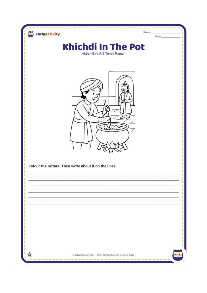 Worksheet: Show a close view of the raised pot with khichdi inside, while a tiny fire burns far below and Birbal stirs from a safe platform. Akbar looks on from the courtyard.