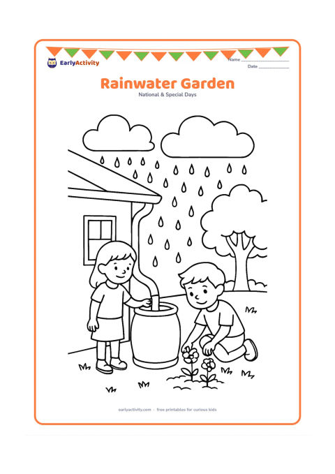 Colouring page: Draw children guiding rainwater from a house roof through a simple channel into a garden barrel, with flowering plants growing nearby. Include dark clouds, falling raindrops, a tree and…