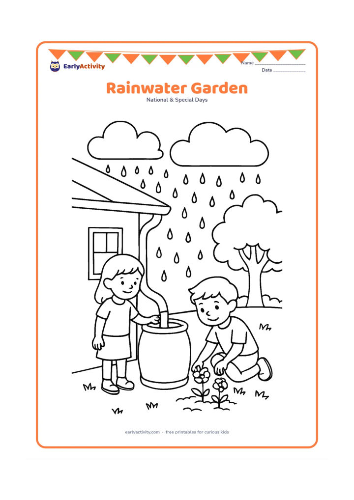 Colouring page: Draw children guiding rainwater from a house roof through a simple channel into a garden barrel, with flowering plants growing nearby. Include dark clouds, falling raindrops, a tree and…