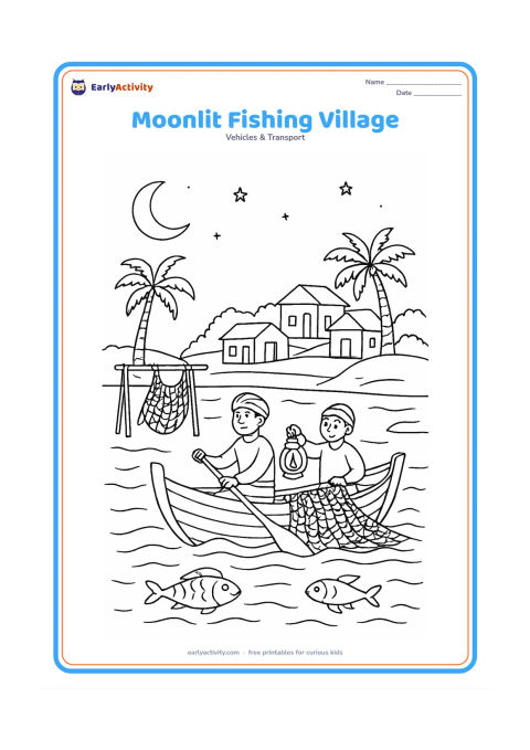 Colouring page: Draw a fishing boat returning to an Indian coastal village at night, with a lantern on board, nets drying on a simple rack, palm trees, small houses, moonlit waves, and a few stars.…