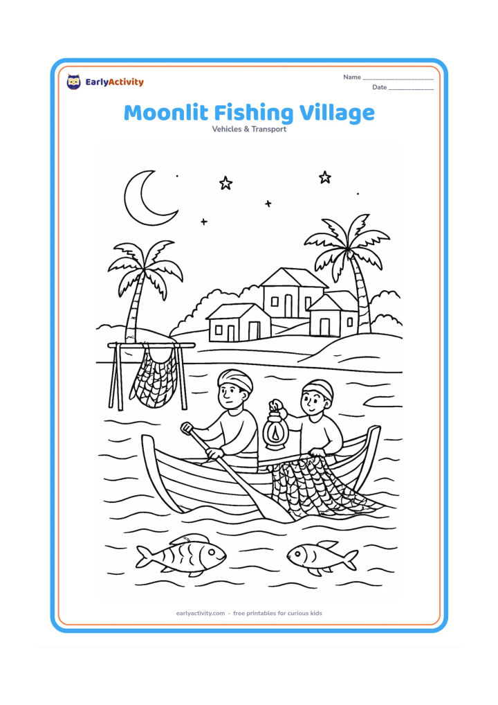 Colouring page: Draw a fishing boat returning to an Indian coastal village at night, with a lantern on board, nets drying on a simple rack, palm trees, small houses, moonlit waves, and a few stars.…