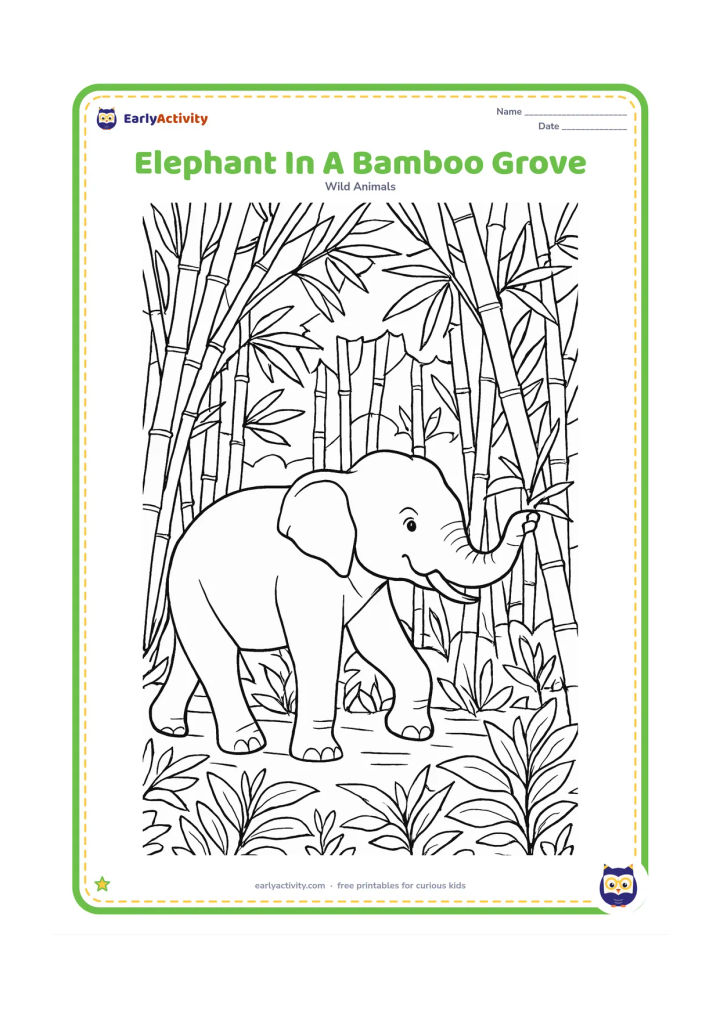 Colouring page: Draw an Asian elephant moving through a dense bamboo grove, reaching toward a leafy bamboo shoot with its trunk. Include overlapping bamboo stems, leaves, ground plants and filtered…