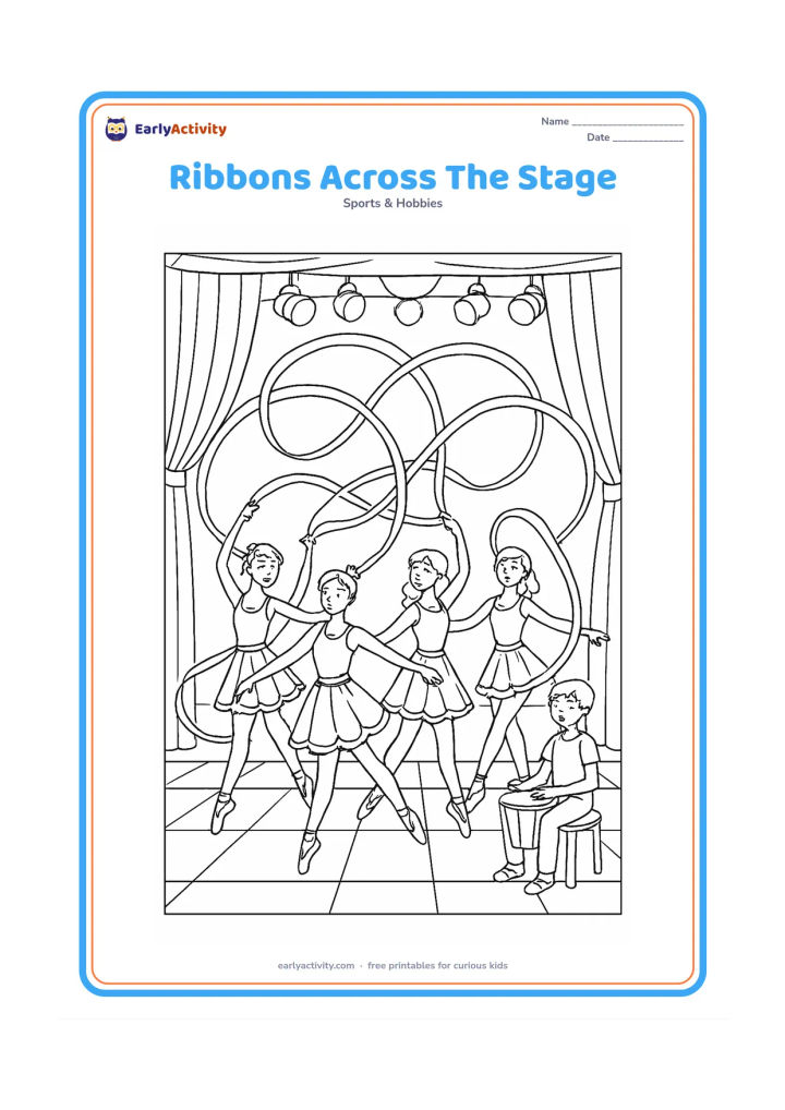 Colouring page: Draw four dancers performing a coordinated ribbon dance on a theatre stage, with ribbons crossing in large loops without hiding their bodies. Include side curtains, overhead lights, a…