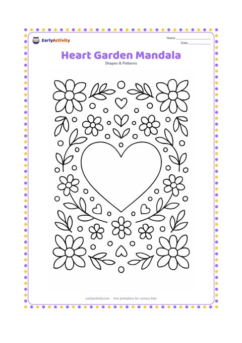 Colouring page: Create a large central heart surrounded by balanced rings of leaves, flowers, dots, and small heart shapes, with four larger flowers at the outer corners.