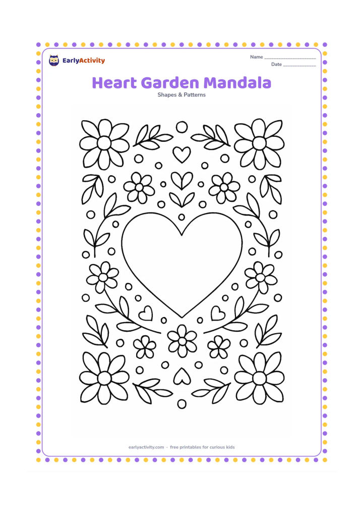 Colouring page: Create a large central heart surrounded by balanced rings of leaves, flowers, dots, and small heart shapes, with four larger flowers at the outer corners.