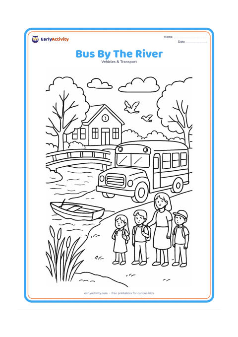 Colouring page: Draw a school bus parked near a riverside school with a footbridge, reeds, trees, a rowboat pulled onto the bank, children waiting with an adult, and birds above the water. Keep the…