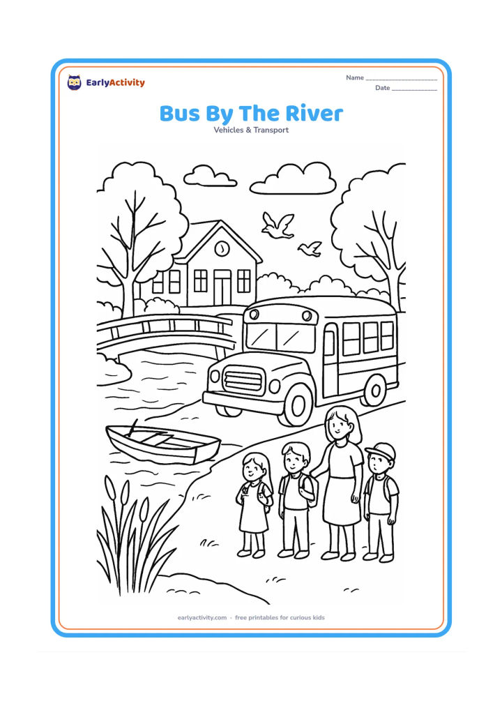 Colouring page: Draw a school bus parked near a riverside school with a footbridge, reeds, trees, a rowboat pulled onto the bank, children waiting with an adult, and birds above the water. Keep the…