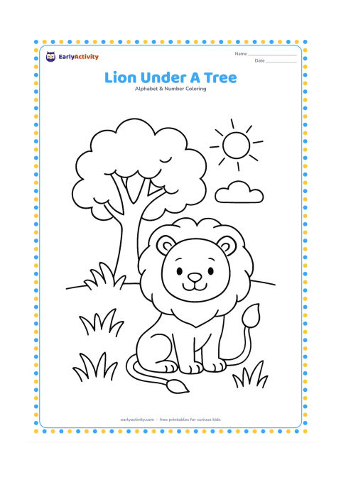 Colouring page: Draw a seated lion resting beneath a broad tree in a sunny park, with a rounded mane, curved tail and two clouds in the background. Include a few large grass tufts around the lion.