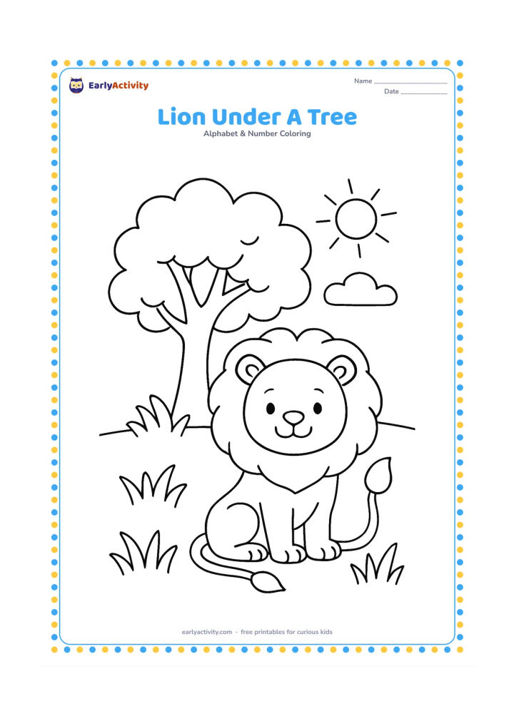 Colouring page: Draw a seated lion resting beneath a broad tree in a sunny park, with a rounded mane, curved tail and two clouds in the background. Include a few large grass tufts around the lion.