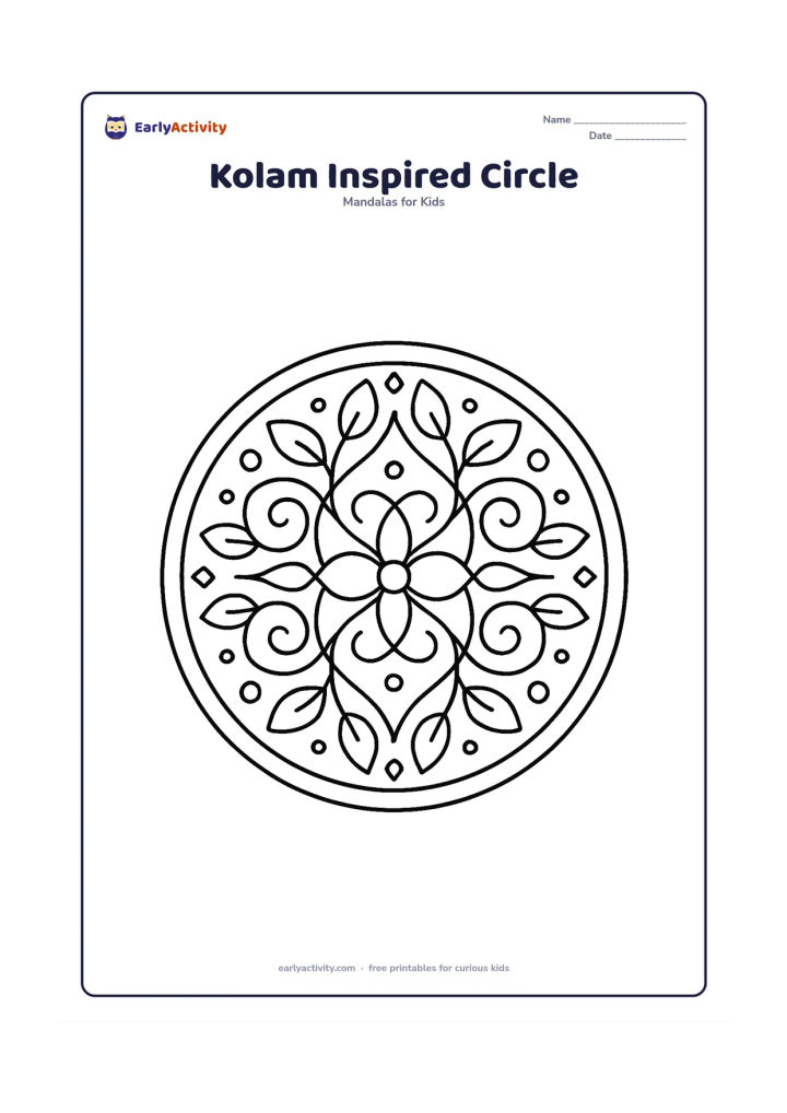 Colouring page: A detailed circular mandala inspired by the flowing symmetry of a simple kolam, using looping lines around a central flower, repeated leaves, dots, and small diamond shapes. Make it an…