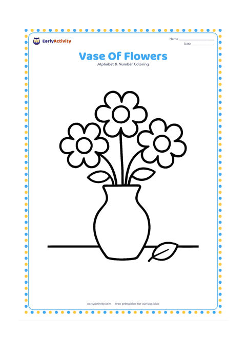 Colouring page: Draw one large vase holding three big flowers on a plain tabletop, with a small leaf beside it. Use simple curved shapes and leave plenty of empty space around the vase.