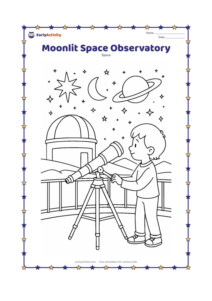 Colouring page: A child uses a telescope on an observatory platform to study a large star, crescent Moon and ringed planet. Include a domed observatory, railings, distant mountains and many layered stars.