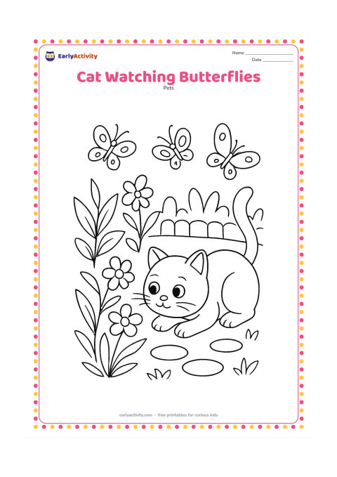 Colouring page: Draw a cat crouching in a garden while watching three butterflies above a patch of flowers. Include leafy plants, a stepping-stone path, and a low fence in the distance.