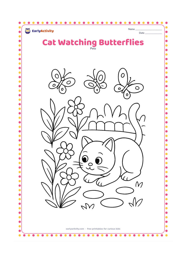 Colouring page: Draw a cat crouching in a garden while watching three butterflies above a patch of flowers. Include leafy plants, a stepping-stone path, and a low fence in the distance.