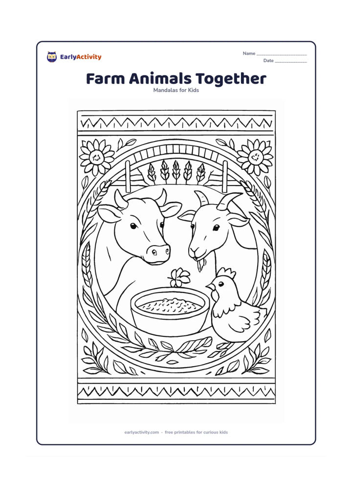 Colouring page: A cow, goat and hen gather around a feed bowl in the centre of a detailed circular farm mandala. Surround them with a barn-like fence, wheat sheaves, sunflowers, hay patterns, feathers,…