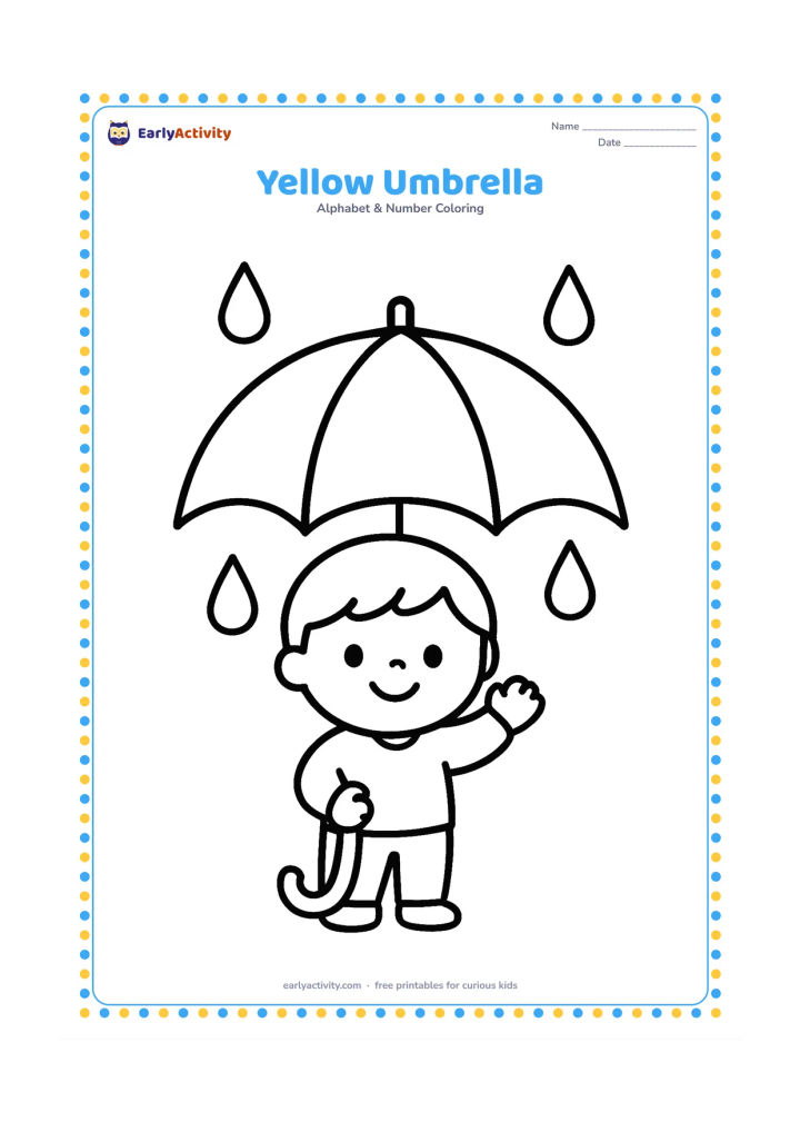 Colouring page: Draw a large open umbrella with a curved handle, a small child underneath, and three widely spaced raindrops.