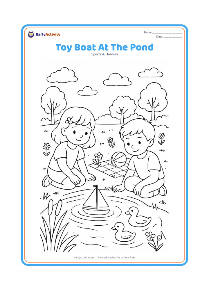 Colouring page: Two children float a small toy boat on a pond in a park during spring, with reeds, water ripples, ducks, flowers and a picnic mat holding a ball and teddy bear. Keep the boat clearly a toy.