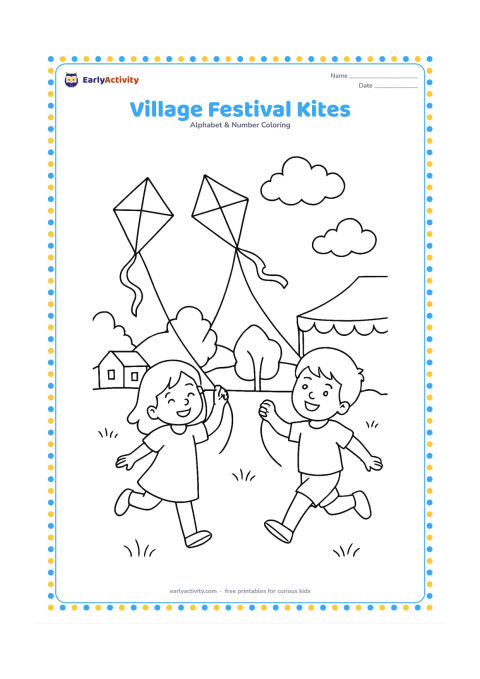 Colouring page: Draw two children flying kites in an open village field, with simple houses, trees, and a decorated but blank fabric canopy behind them. Show the kite strings clearly and leave the kites…