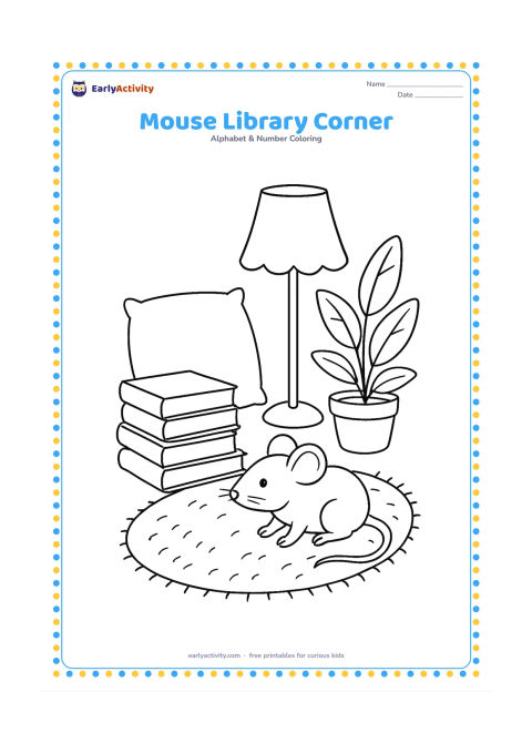 Colouring page: Draw a tiny mouse exploring a cosy reading corner with a stack of plain books, a cushion, a lamp, a rug and a potted plant. Keep every book cover and page free of writing.