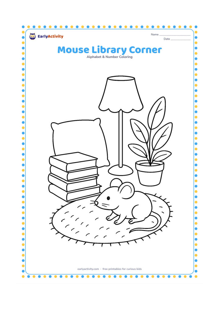 Colouring page: Draw a tiny mouse exploring a cosy reading corner with a stack of plain books, a cushion, a lamp, a rug and a potted plant. Keep every book cover and page free of writing.