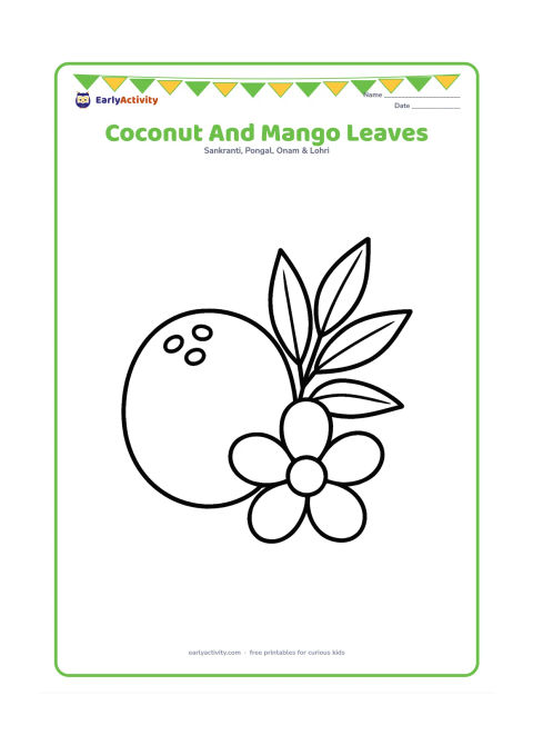 Colouring page: A whole coconut beside a small bunch of mango leaves and one large flower, arranged as a simple festival still life.