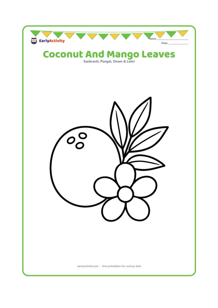 Colouring page: A whole coconut beside a small bunch of mango leaves and one large flower, arranged as a simple festival still life.