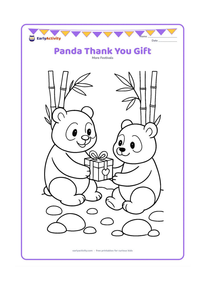Colouring page: A smiling panda gives a small heart-decorated gift box to another panda in a bamboo garden, with rounded stones and a few tall bamboo stems.