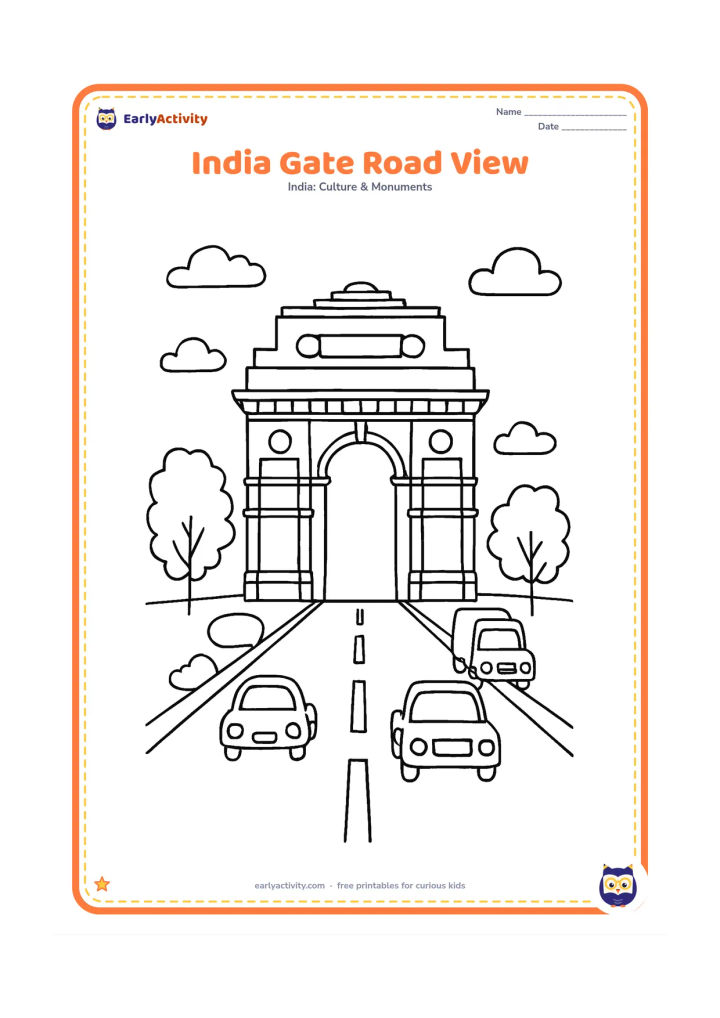 Colouring page: Draw India Gate at the end of a broad road with simple trees on both sides and a few distant vehicles without readable markings. Keep the monument prominent.