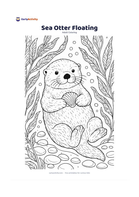 Colouring page: A relaxed sea otter floats on its back among kelp leaves, holding a small seashell, with bubbles, smooth stones and distant kelp fronds around it. Keep the animal's face gentle and…