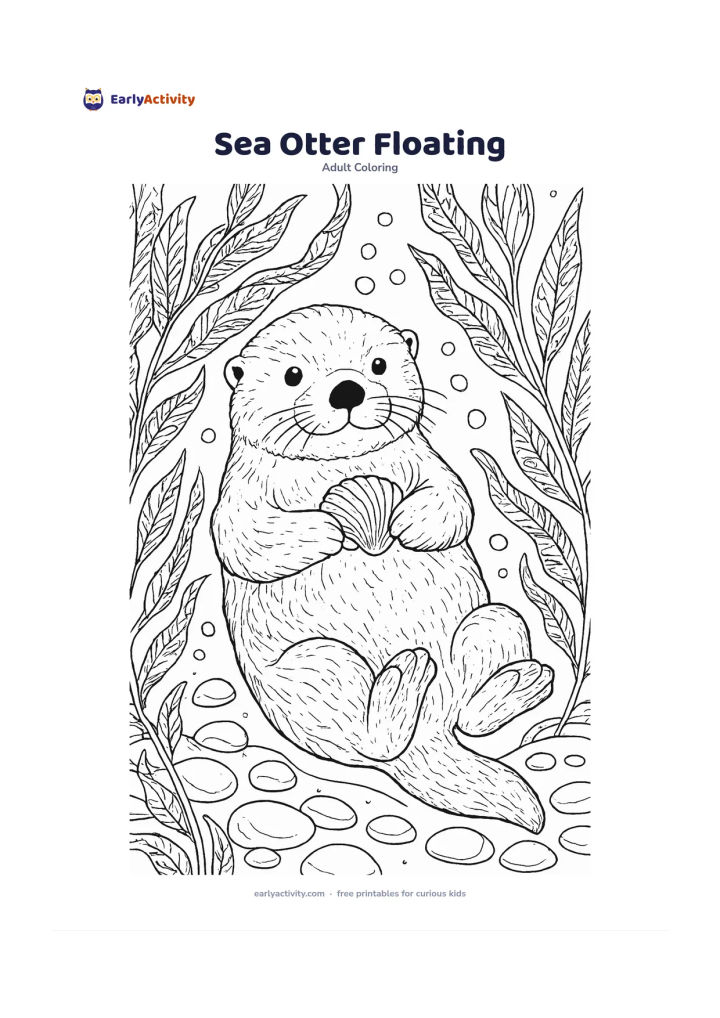 Colouring page: A relaxed sea otter floats on its back among kelp leaves, holding a small seashell, with bubbles, smooth stones and distant kelp fronds around it. Keep the animal's face gentle and…