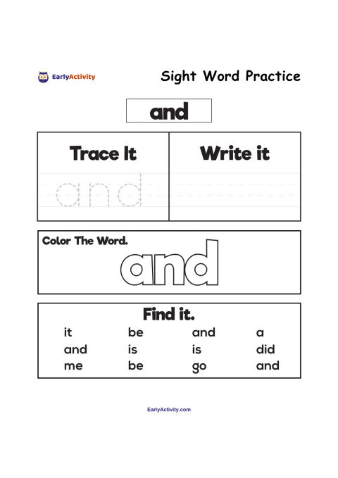 Worksheet for practising the sight word “and” by tracing, writing, colouring and finding it among other words.