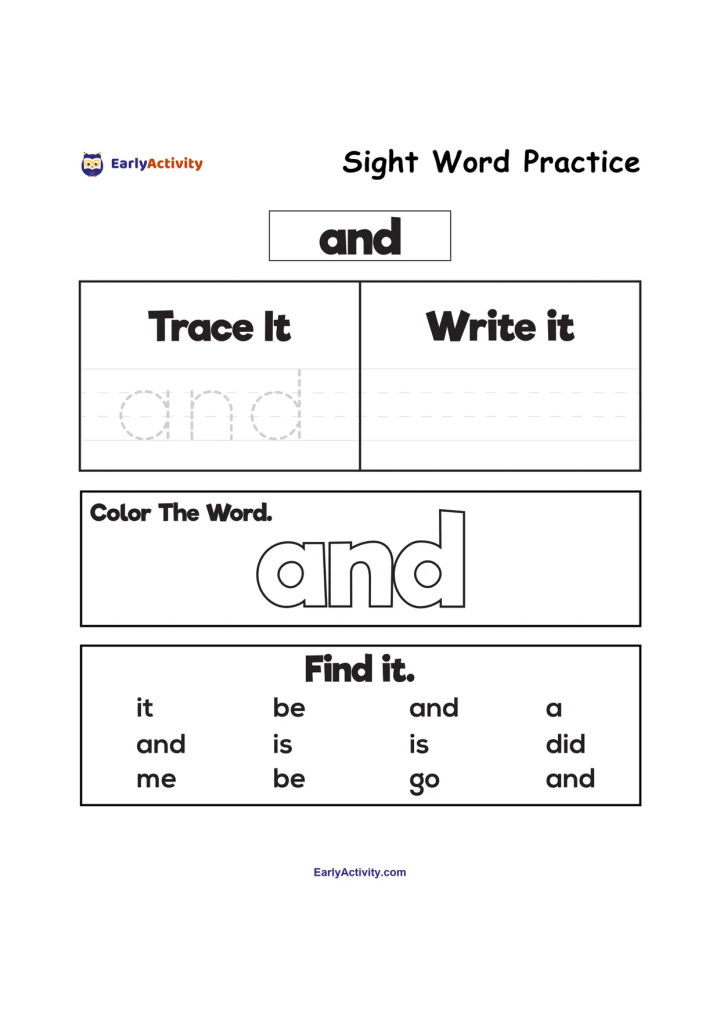 Worksheet for practising the sight word “and” by tracing, writing, colouring and finding it among other words.
