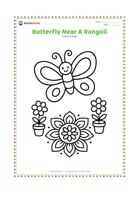 Colouring page: Draw one large butterfly flying beside a simple symmetrical rangoli made from dots, petals, and curved shapes on the ground, with two small potted flowers nearby. Keep the rangoli…