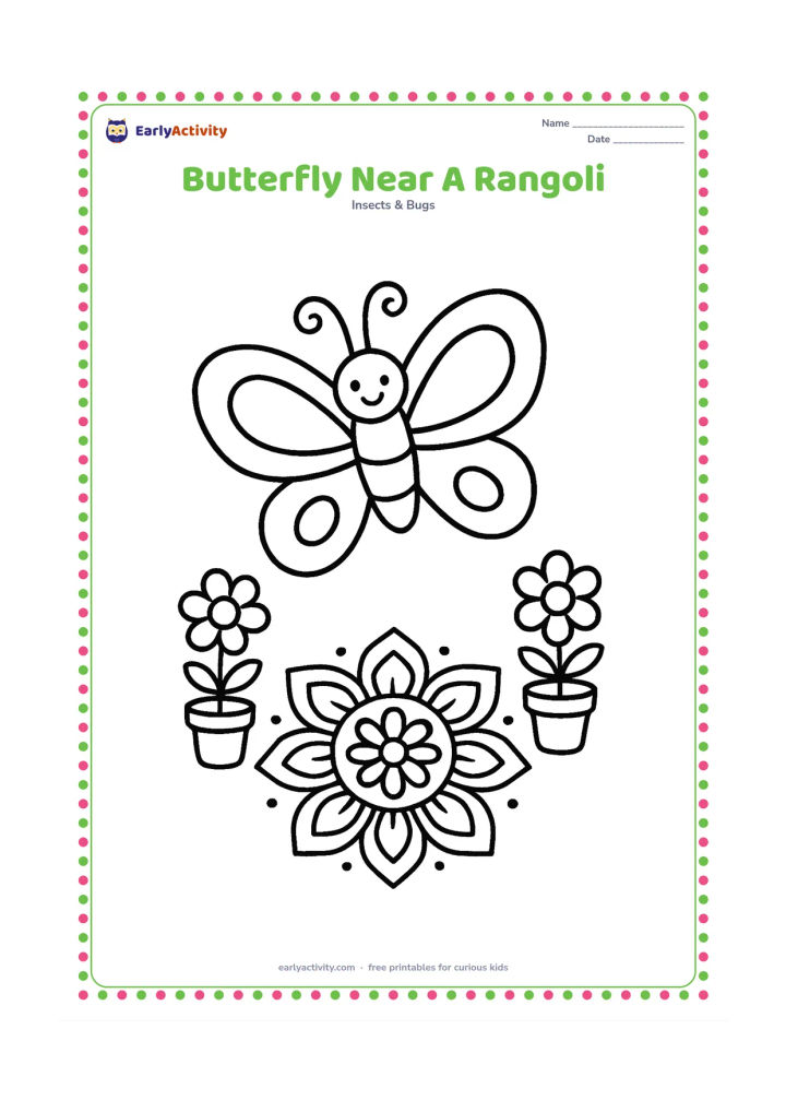 Colouring page: Draw one large butterfly flying beside a simple symmetrical rangoli made from dots, petals, and curved shapes on the ground, with two small potted flowers nearby. Keep the rangoli…