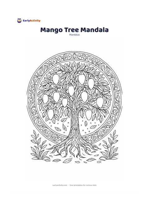 Colouring page: Draw a full mango tree with a rounded canopy at the centre of a circular mandala, including hanging mangoes, curling branches, leaves, roots, and a balanced garden border. Add a few…