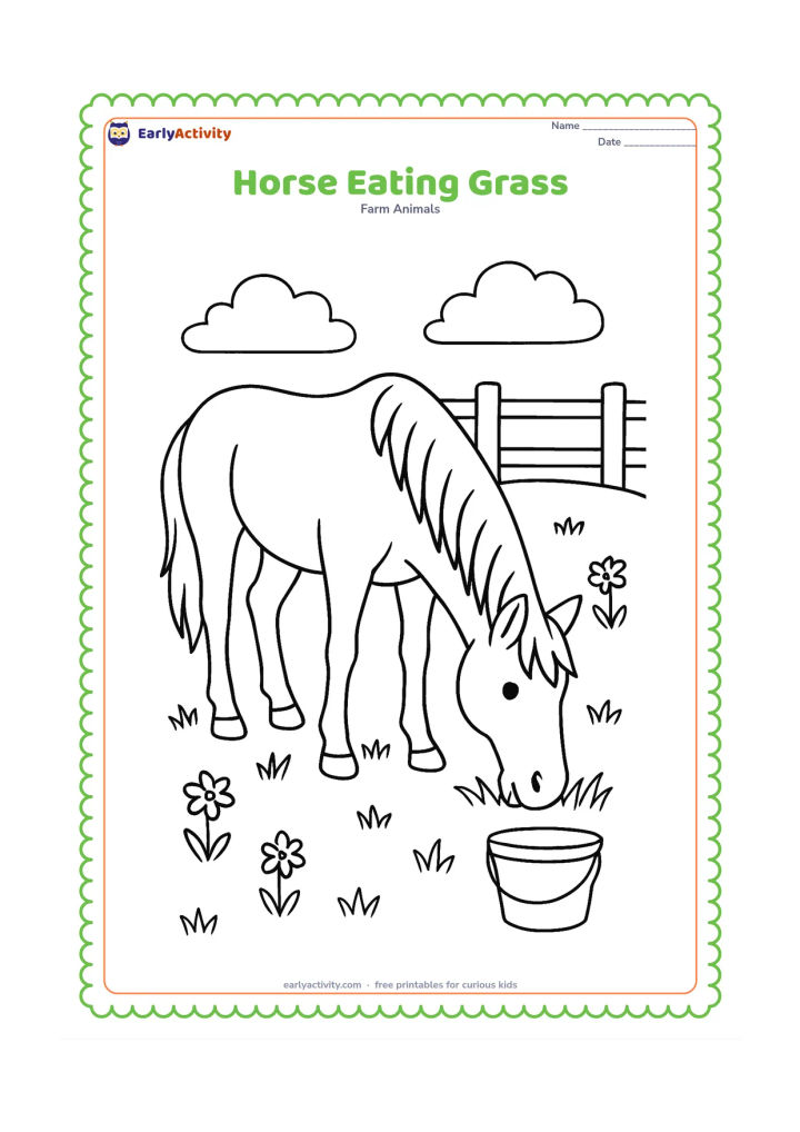 Colouring page: A horse lowers its head to eat grass in a pasture, with visible blades around its muzzle. Add a water bucket, a fence and a few wildflowers in the background.