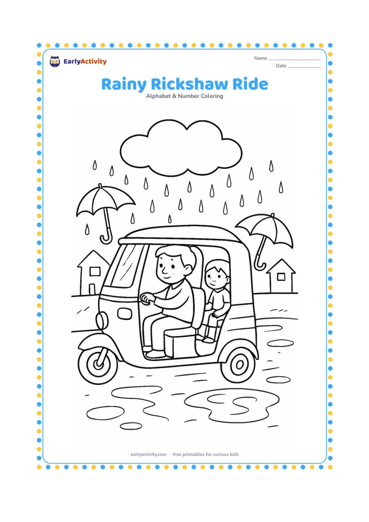 Colouring page: Draw a child sitting safely inside an Indian auto-rickshaw while an adult driver travels along a wet street, with umbrellas, puddles, simple houses and a large rain cloud. Leave all…