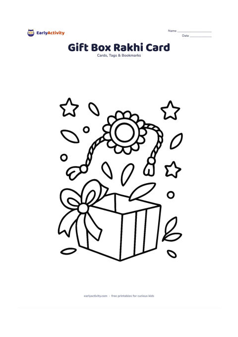 Worksheet: Draw an open gift box in the lower half, with a large rakhi, folded ribbon, and paper shapes rising from it like decorations; include a few stars and leaves around the box. Leave the…