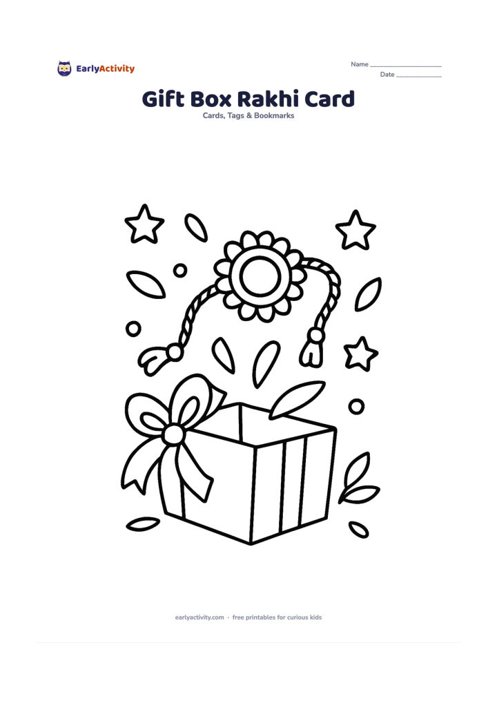 Worksheet: Draw an open gift box in the lower half, with a large rakhi, folded ribbon, and paper shapes rising from it like decorations; include a few stars and leaves around the box. Leave the…
