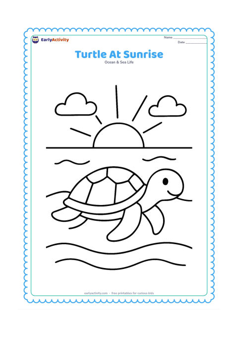 Colouring page: Draw a sea turtle near the ocean surface with a large rising sun, two low clouds, and a calm sandy horizon.