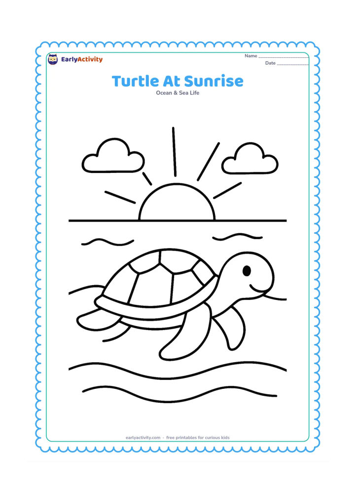Colouring page: Draw a sea turtle near the ocean surface with a large rising sun, two low clouds, and a calm sandy horizon.