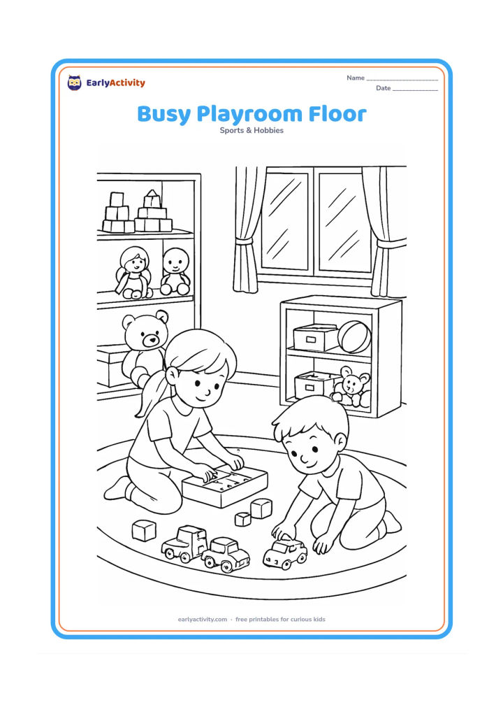Colouring page: A detailed playroom scene with two children caring for toys: one places a puzzle into its box and the other parks toy cars beside a train, blocks, dolls and a teddy bear. Include a rug,…